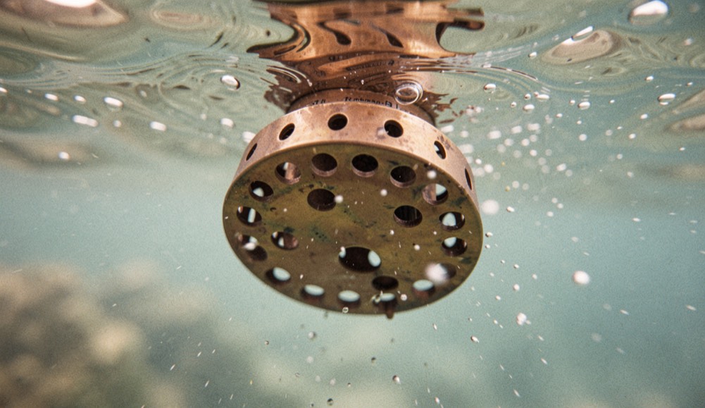 Detailaufnahme eines gelochten Messingaufsatzes am unteren Ende eines Tauchrohrs, umgeben von klarem Wasser und feinen Blasen.